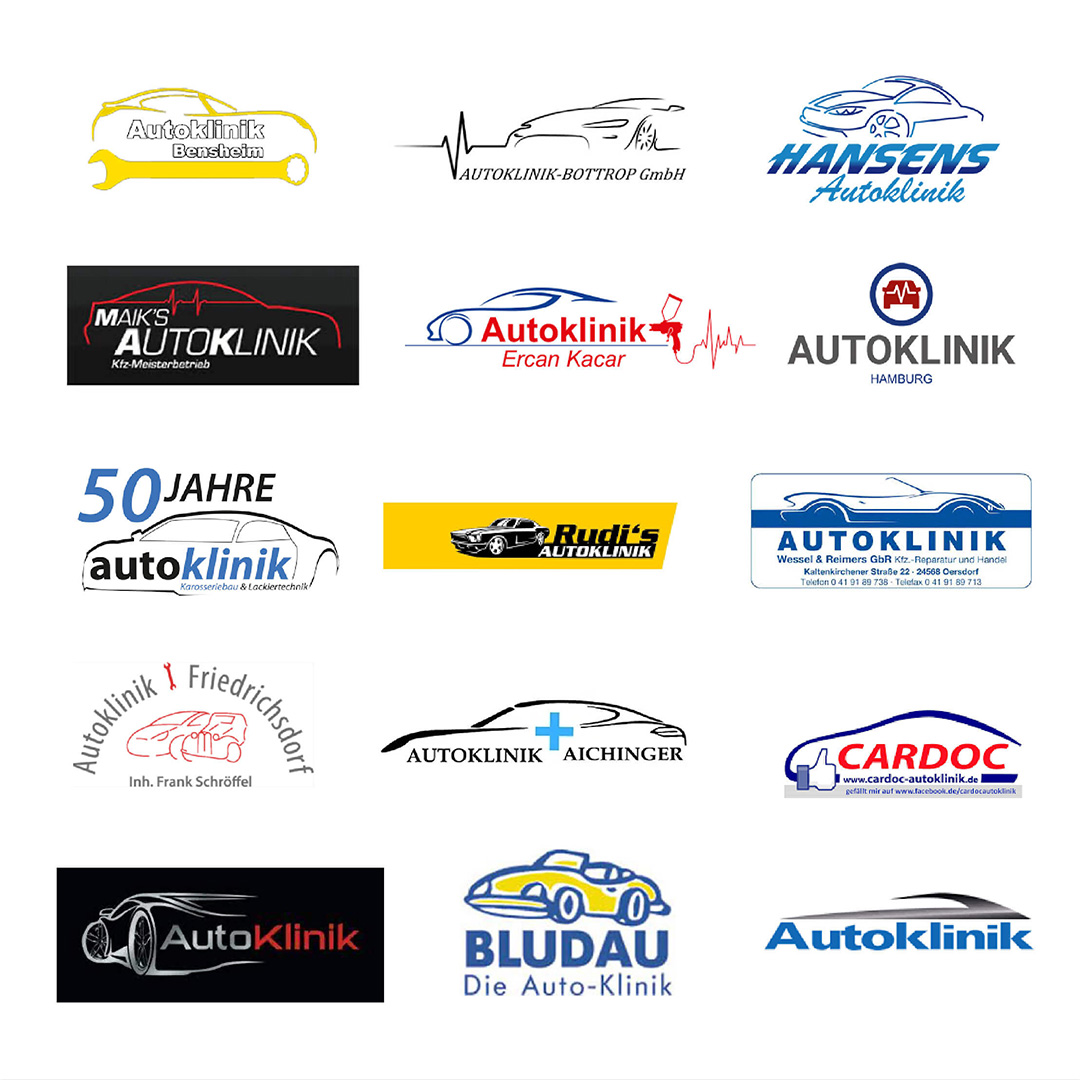 Eine Zusammenstellung verschiedener Autoklinik Logos imm Zuge der Mitbewerberanalyse