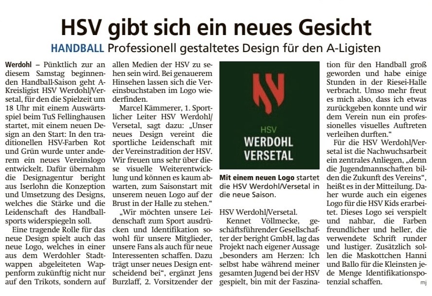 DIe Pressemitteilung zum neuen Design der HSV Werdohl/Versetal