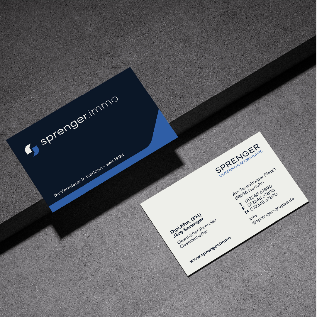 vorder- und r&uuml;ckseite der sprenger.immo Visitenkarte